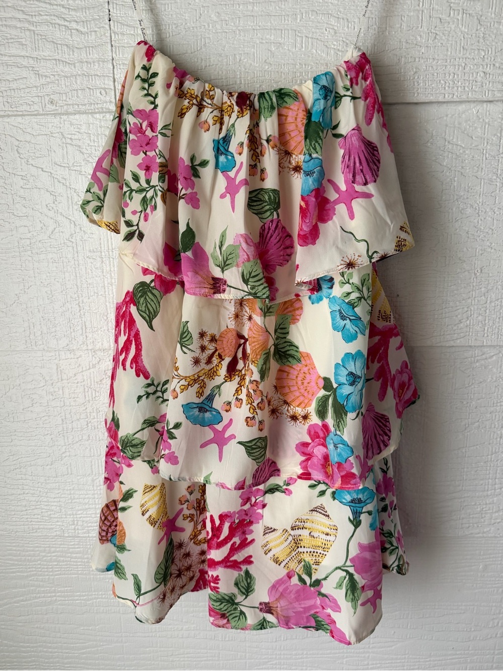 Tres Destinations Tropical Off Shoulder Tiered Mini Dress Small Floral Beach